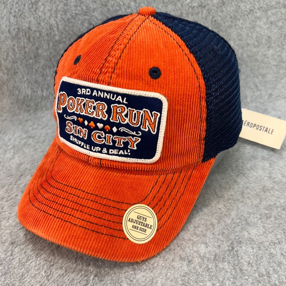 Poker Run Sin City Men Orange Aeropostale Trucker Hat Corduroy Mesh OSFA